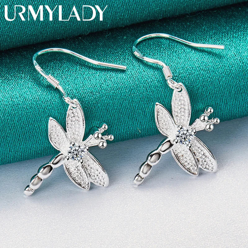 URMYLADY 925 Sterling Silver Dragonfly Zircon Earrings For Women Fashion Wedding Engagement Party Jewelry