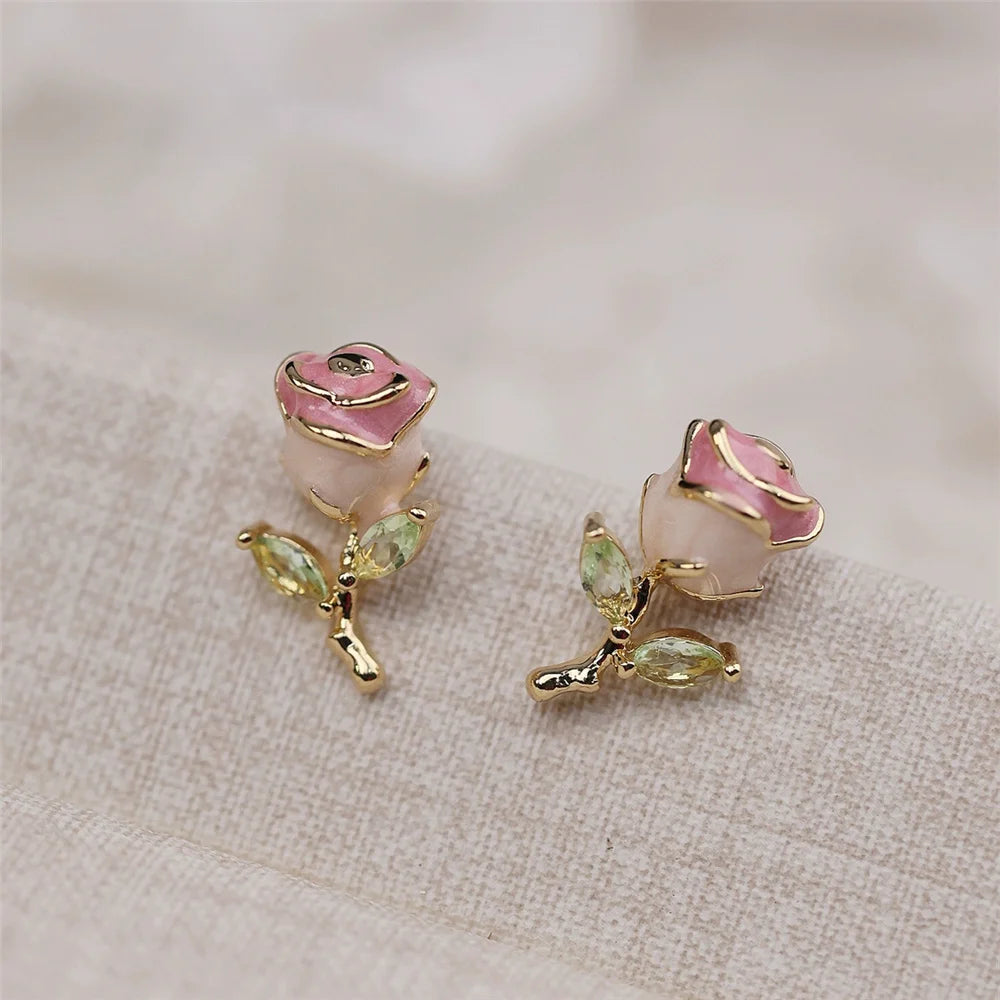 Cute Female White Enamel Gold Color Pink Flower Stud Earrings Lovely Bridal Wedding Jewelry For Women