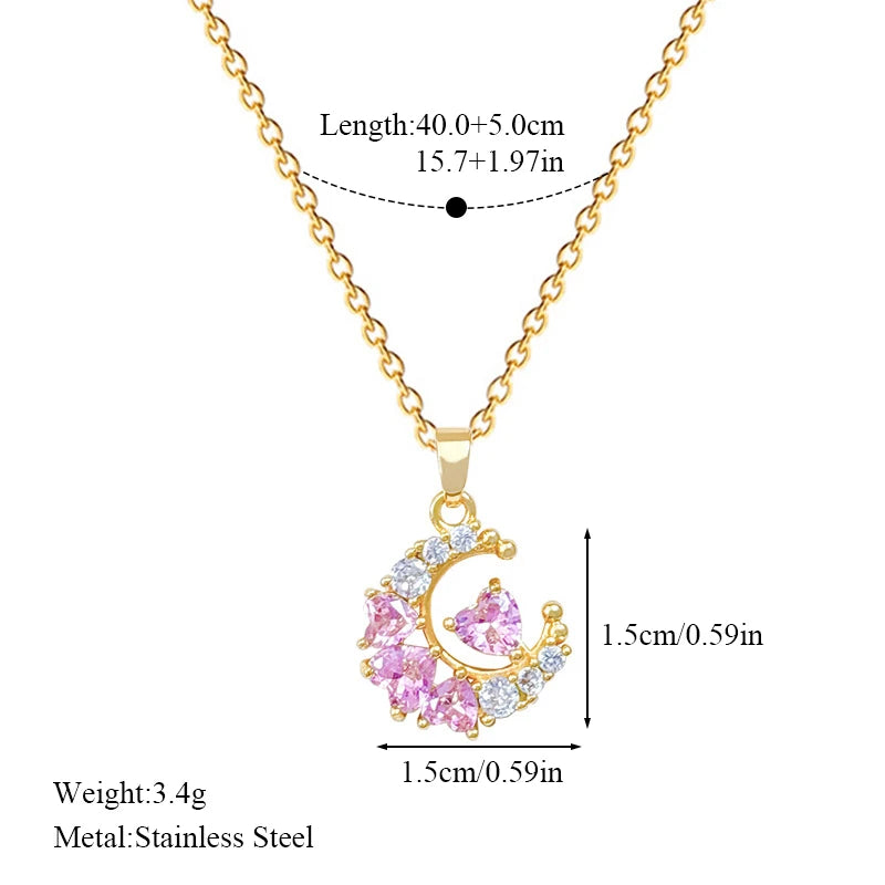 EILIECK 316L Stainless Steel Luxury Bling Zircon Moon Heart Pendant Necklace For Women 18K PVD Plated Neck Chain Jewelry Gift