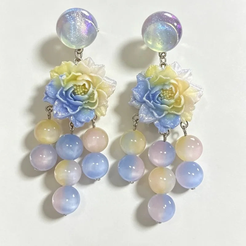 Gradient Floral Earrings for Women Tassels Beads Vintage Palace Style Jewelry Elegant Fashion Light Luxury Aretes De Mujer