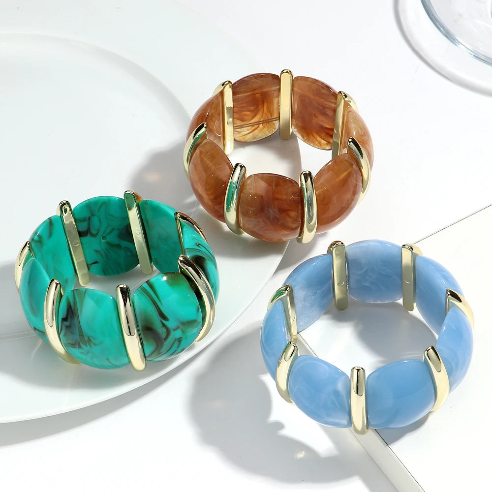 Fashion Acrylic Colorful Wide Elastic Geometric Petal Bangle Bracelets Exaggerate Curved Beads Cuff Bracelet Gifts for Women