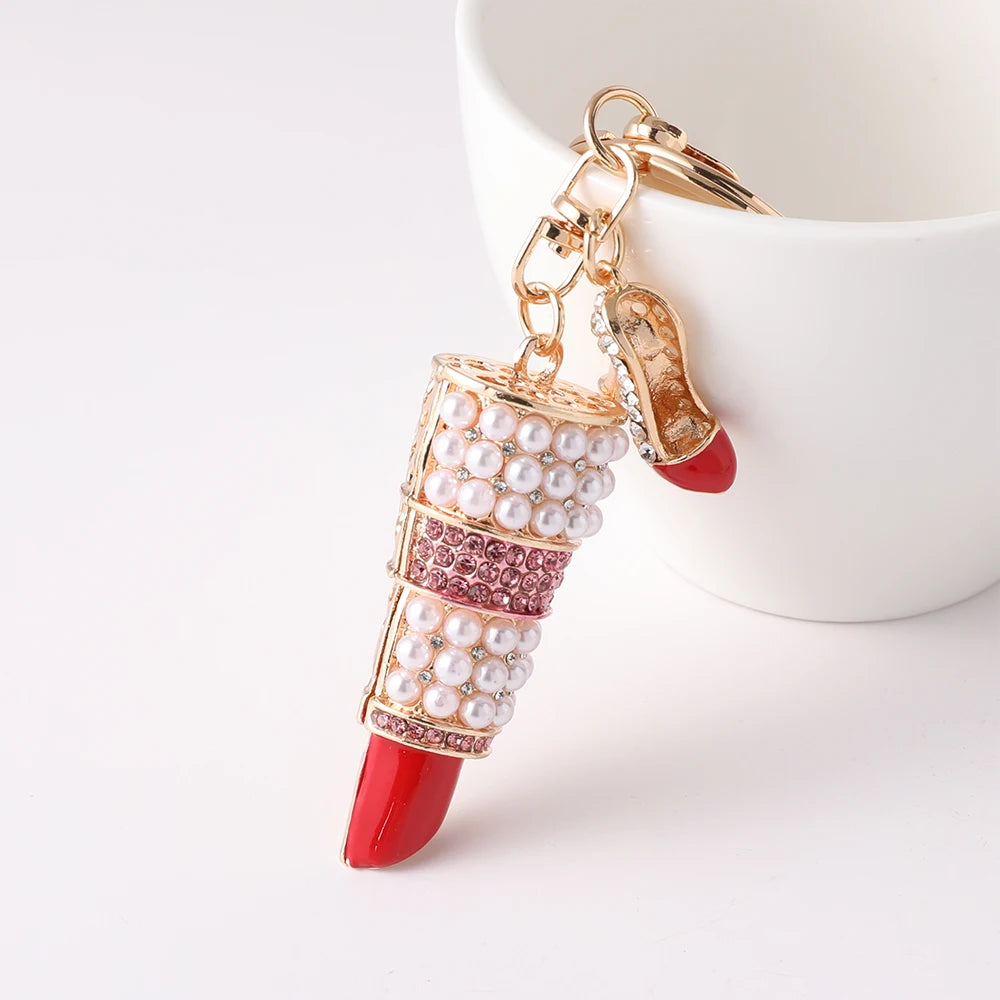 Elegant Ladies Lipstick Keychain High Heels Pendant Car Keyring Pearl Rhinestone Inlaid Metal Accessories