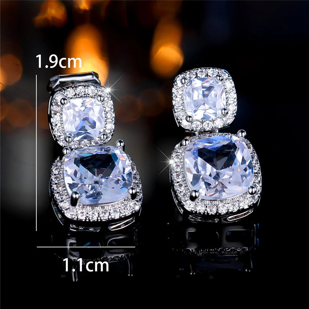 Luxury Big White Zircon Clip Earrings For Women Luxury Crystal Female Silver Color Round Wedding Jewelry