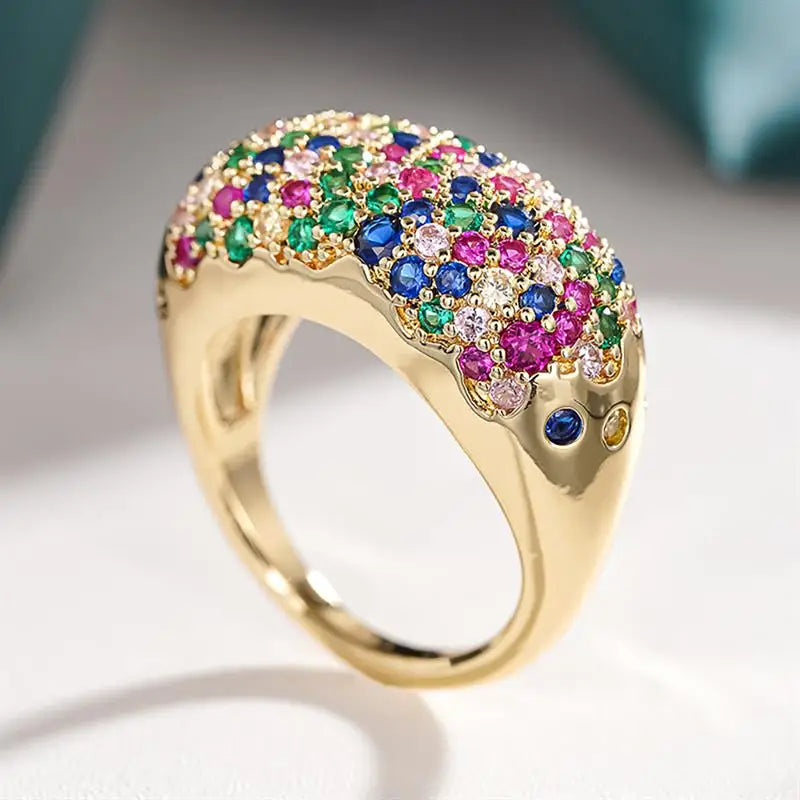 Huitan Sparkling Women Ring Gold Color Luxury Wedding Party Fashion Accessories Inlaid Shiny Colorful CZ Gorgeous Lady Jewelry