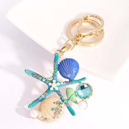 EASYA 2 Colors Sea World Crystal Starfish Keychain Fashion Simulated Pearl Shell Keyring Holders For Women Bag Car Key Chains