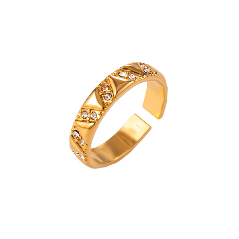 ANENJERY 316L Stainless Steel Hollow Round Hexagon Zircon Open Ring For Women Simple Luxury Temperament Jewelry Gifts