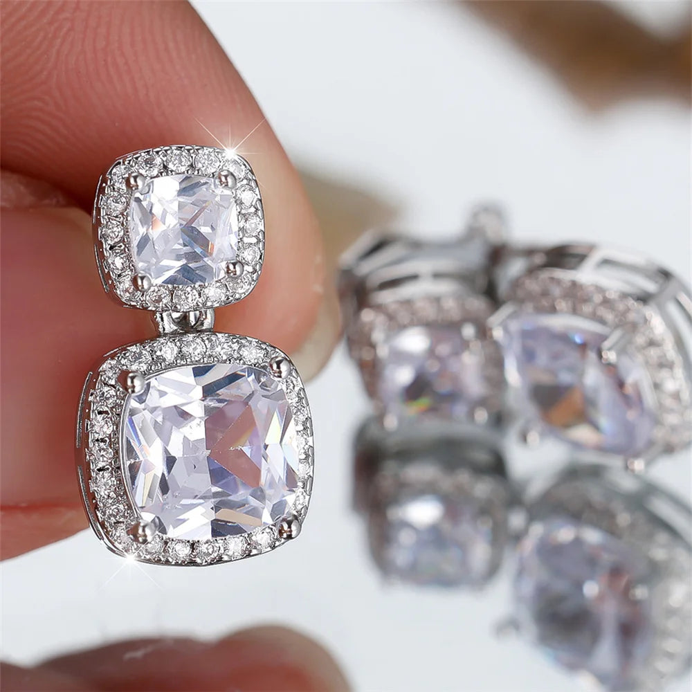 Luxury Big White Zircon Clip Earrings For Women Luxury Crystal Female Silver Color Round Wedding Jewelry