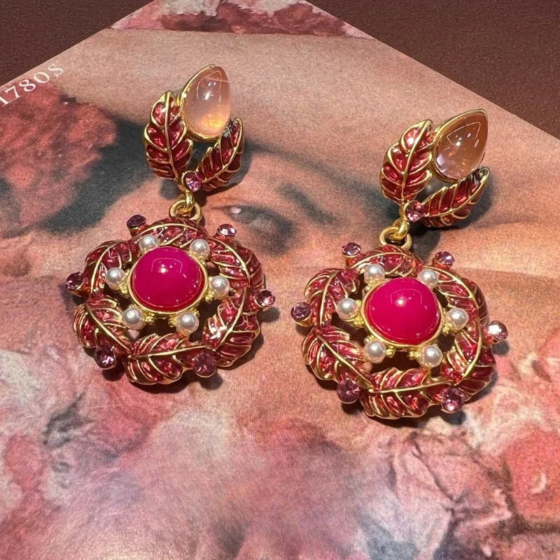 NISHIZAWA Pink Flowers Earrings for Women Enamel Vintage Court Style Jewelry Fashion Exquisite Elegant Pendientes Mujer