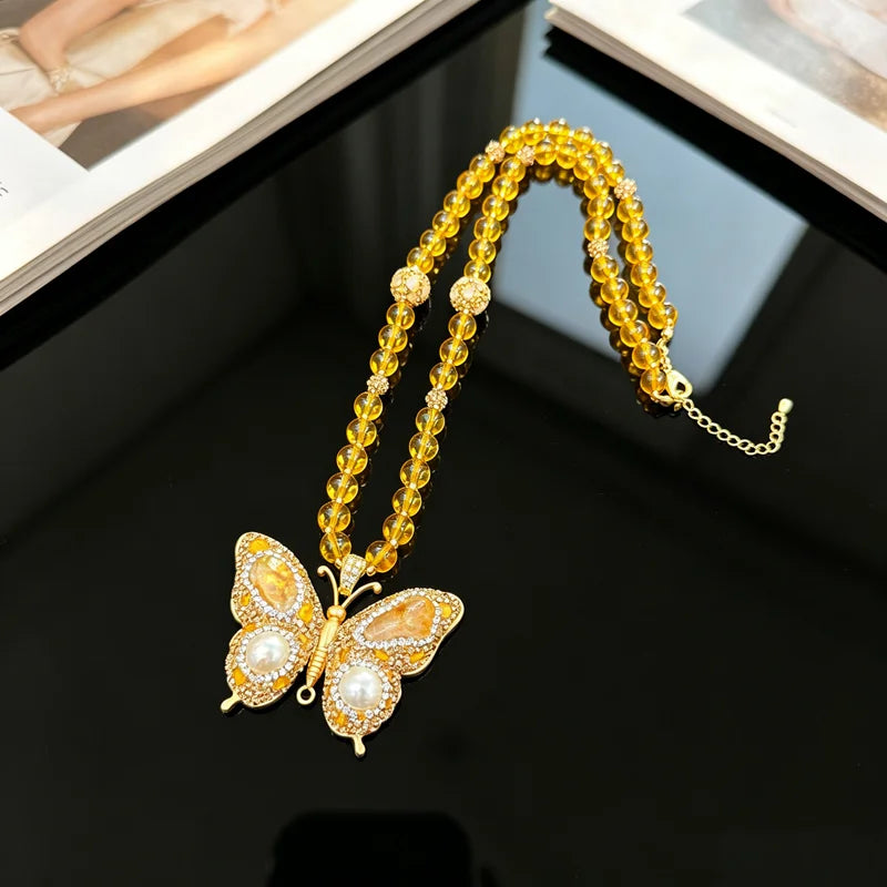 Natrual Freshwater Pearl Citrine Turquoise Crystal Quartz Necklace for Women Fashion Butterfly Beaded Chain Wedding Jewelry