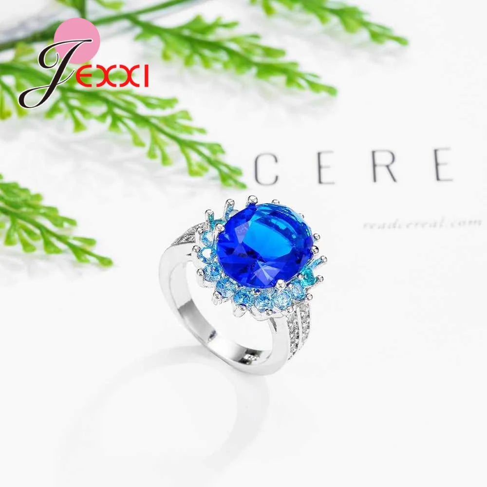Fancy Big Sunflowers Clearly Blue Crystals Design Women Party Rings 925 Sterling Silver Color Accessory Best Gift Anniversary