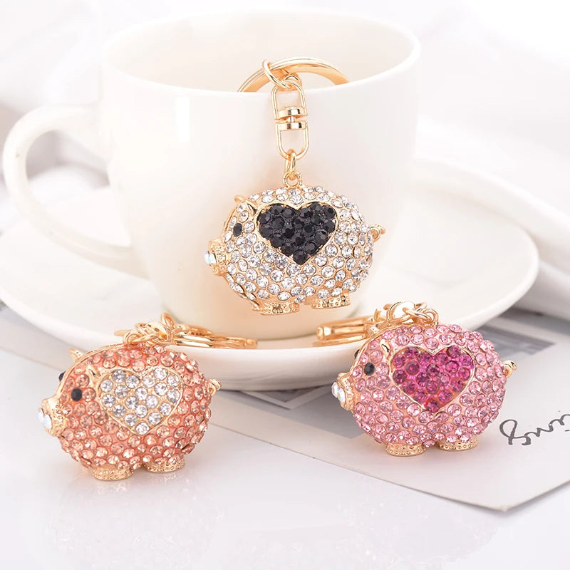EASYA Cute Pig Shape Keychain Bag Key Ring Kawaii Anime Vintage Metal Crystal High-end Luxury Ladies Charm Jewelry gifts friends