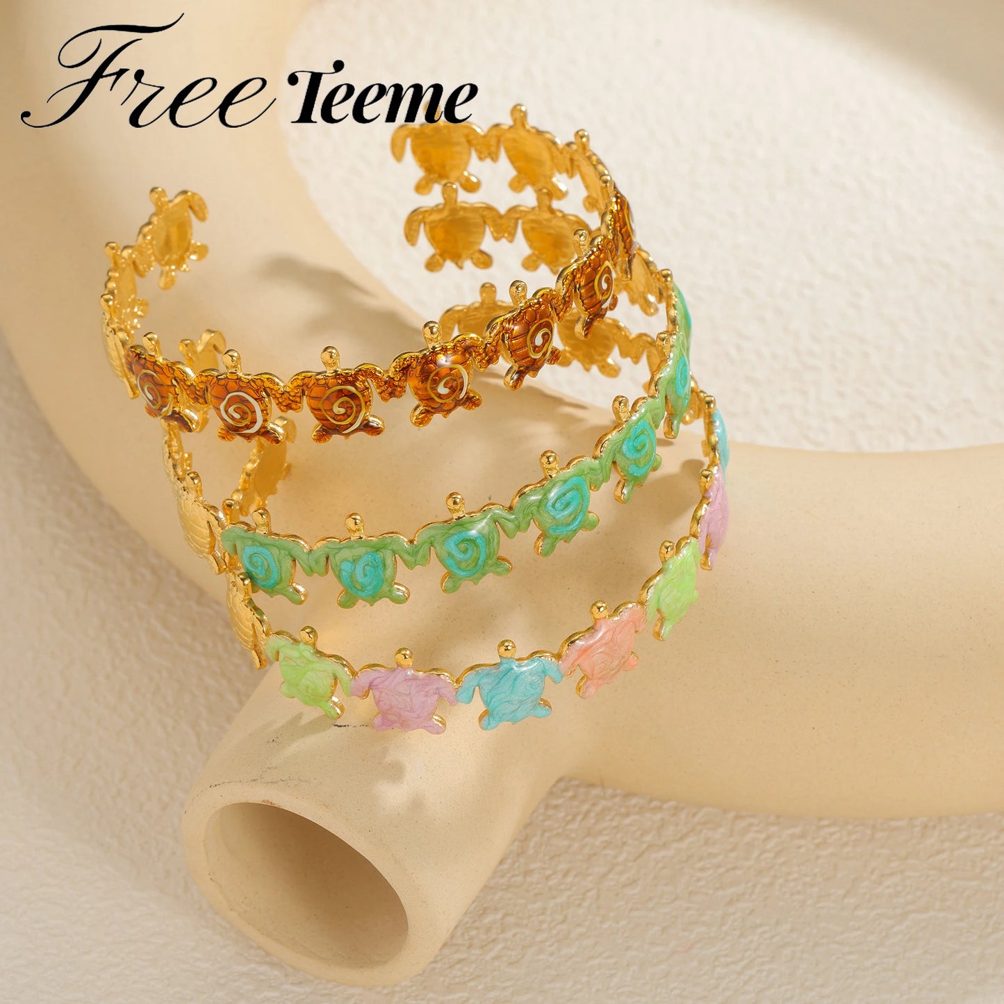 Freeteeme Multi-Color Oil-Dripping Sea Turtle Bangles for Women Men Stainless Steel Punk Open Bracelet Ocean Series Jewelry Gift