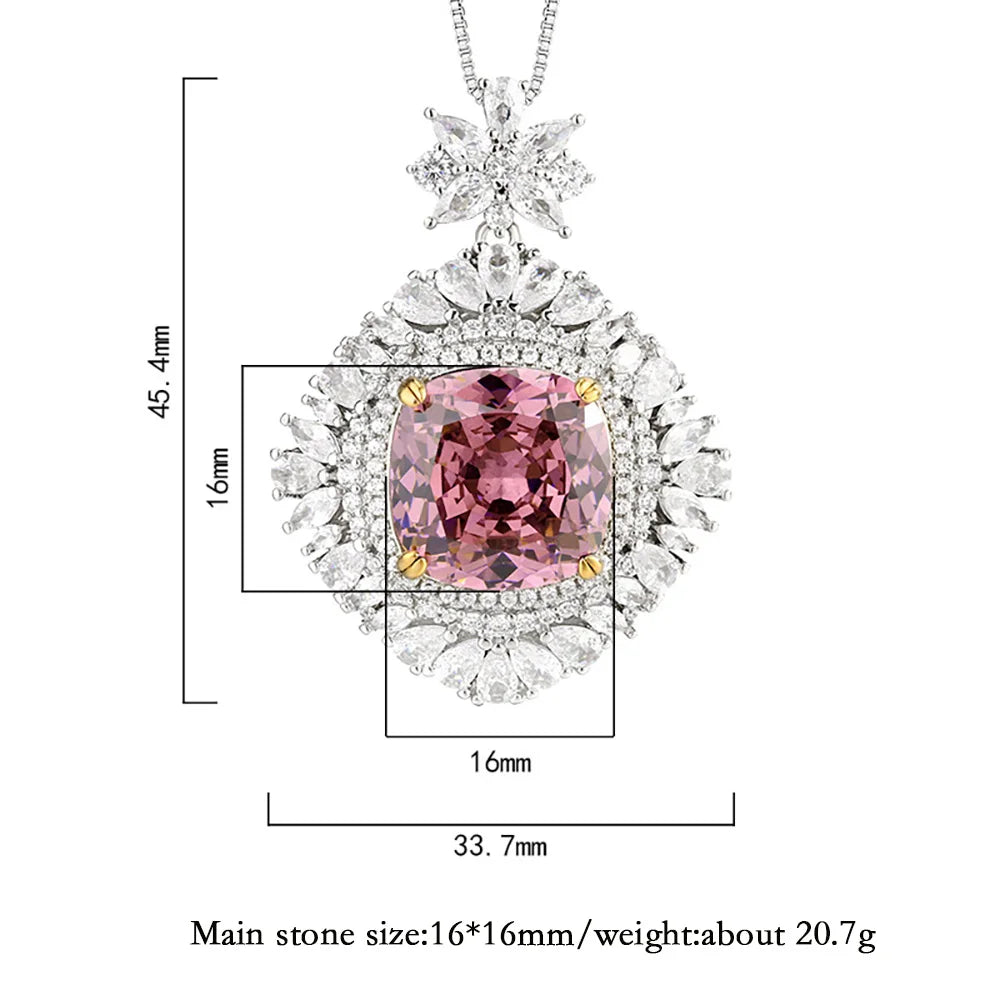 Trend Retro 16*16mm Sapphire Pink Quartz Big Pendant Necklace for Women Gemstone Cocktail Party Fine Jewelry Accessories Gift