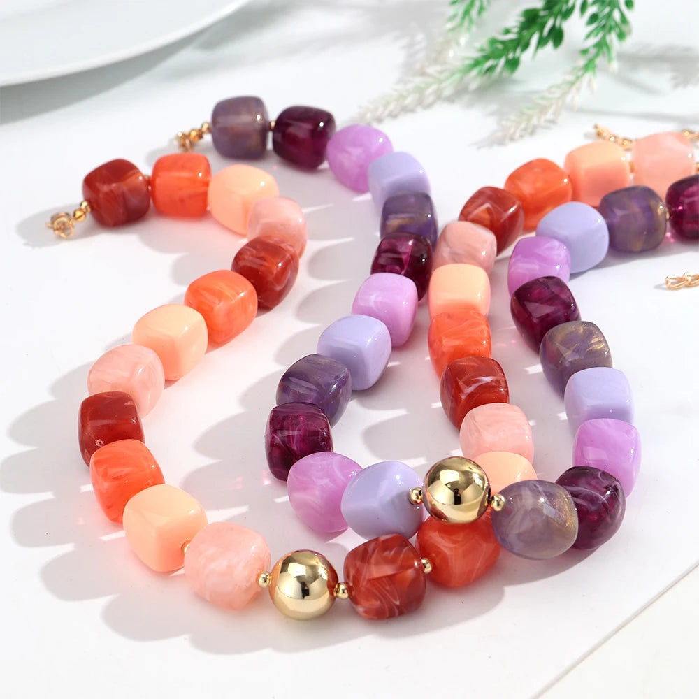 Boho Colorful Acrylic Geometric Square Beads Necklace Fashion Resin Geometry Beaded Collar Necklace 2026 New Jewelry Gifts
