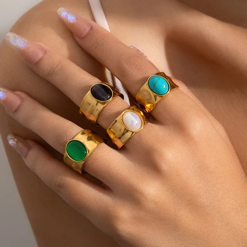 ANENJERY 316L Stainless Steel Colorful Stone Wide Smooth Open Ring for Women Men Elegant Noble Jewelry Gifts Wholesale