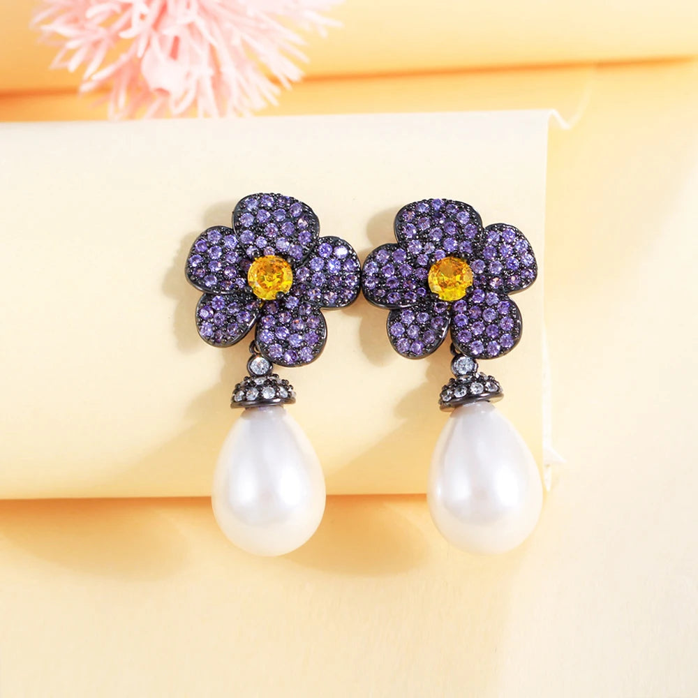 ThreeGraces Elegant Pink Yellow Cubic Zirconia Flower Shape Simulated Pearl Drop Earrings for Women Fashion Party Jewelry E1801