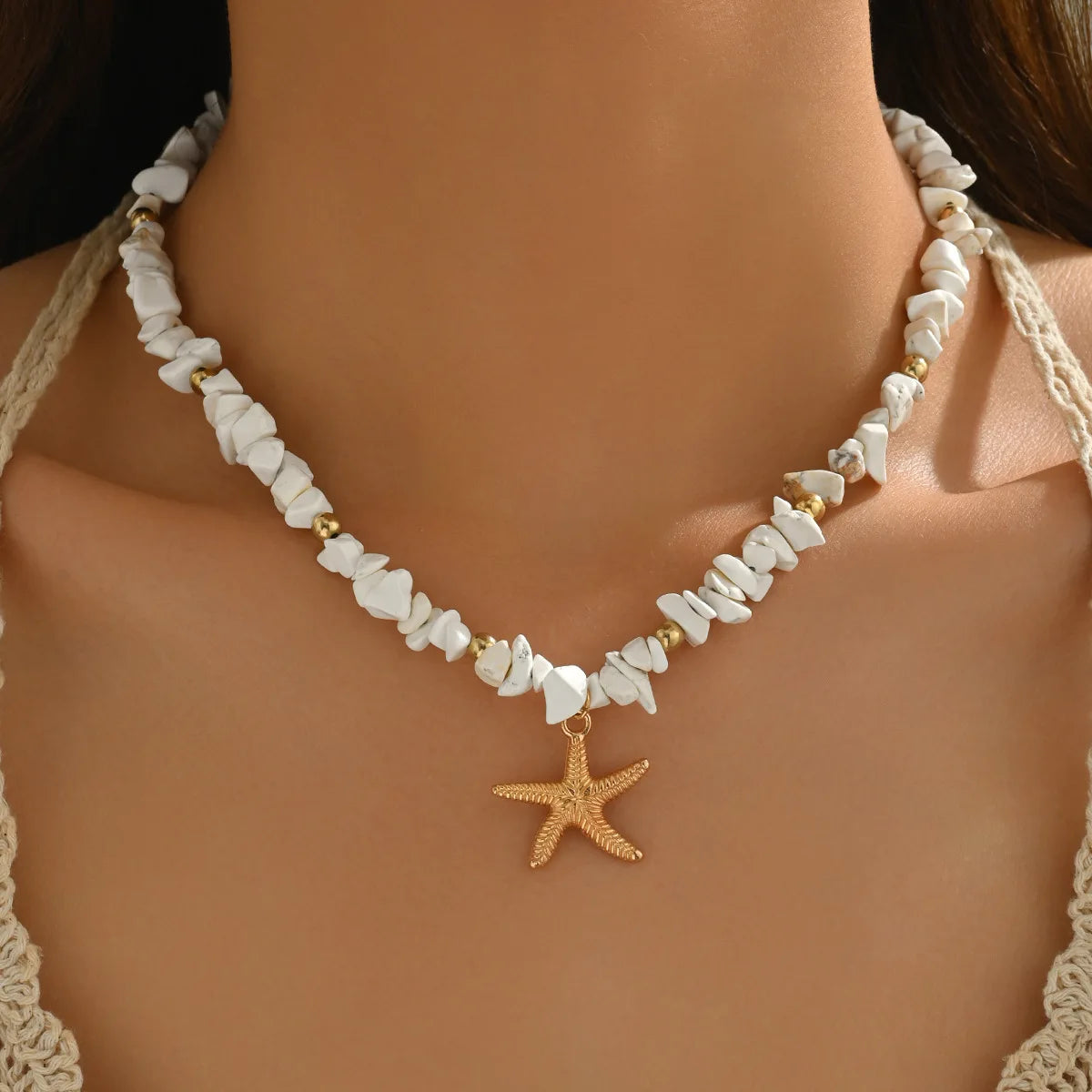 Boho Beach Vacation Starfish Necklace Set for Women Natural Chip Stone Beads Pink White Colorful Summer Y2K Trendy Fashion Jewel