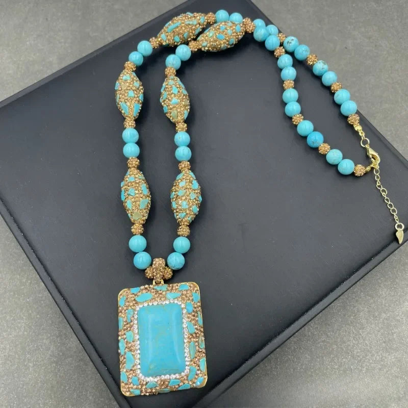 Turkish Natural Blue Turquoise Earrings Women Gemstone Rhinestone Crystal Jewelry Sets Party Wedding Dress Accessories Aretes