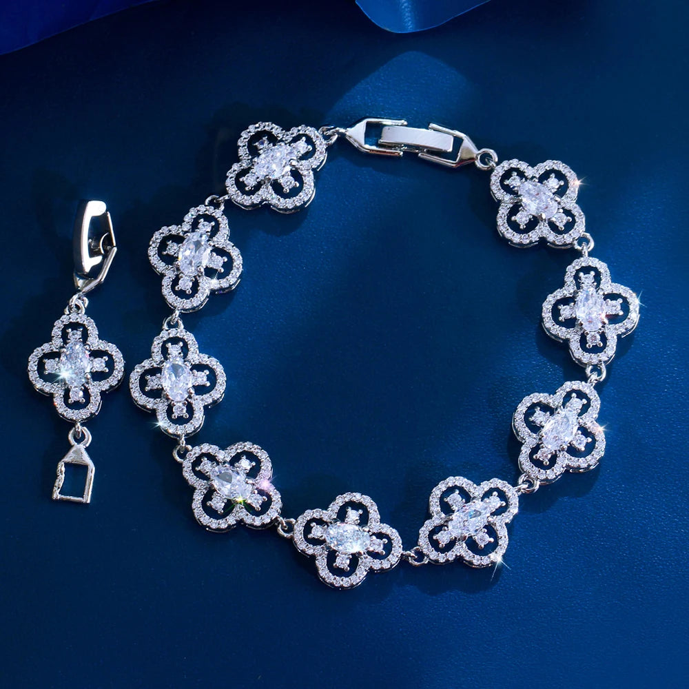 ThreeGraces Luxury Shiny White Zirconia Bridal Wedding Flower Link Chain Tennis Bracelet for Women Banquet Party Jewelry BR423