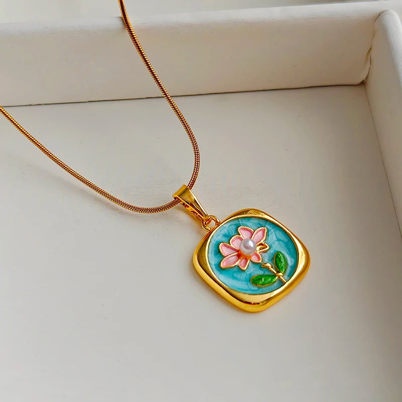 ANENJERY 316L Stainless Steel Colorful Square Lotus Necklace For Women Summer Holiday Glamorous Jewelry Gift Wholesale