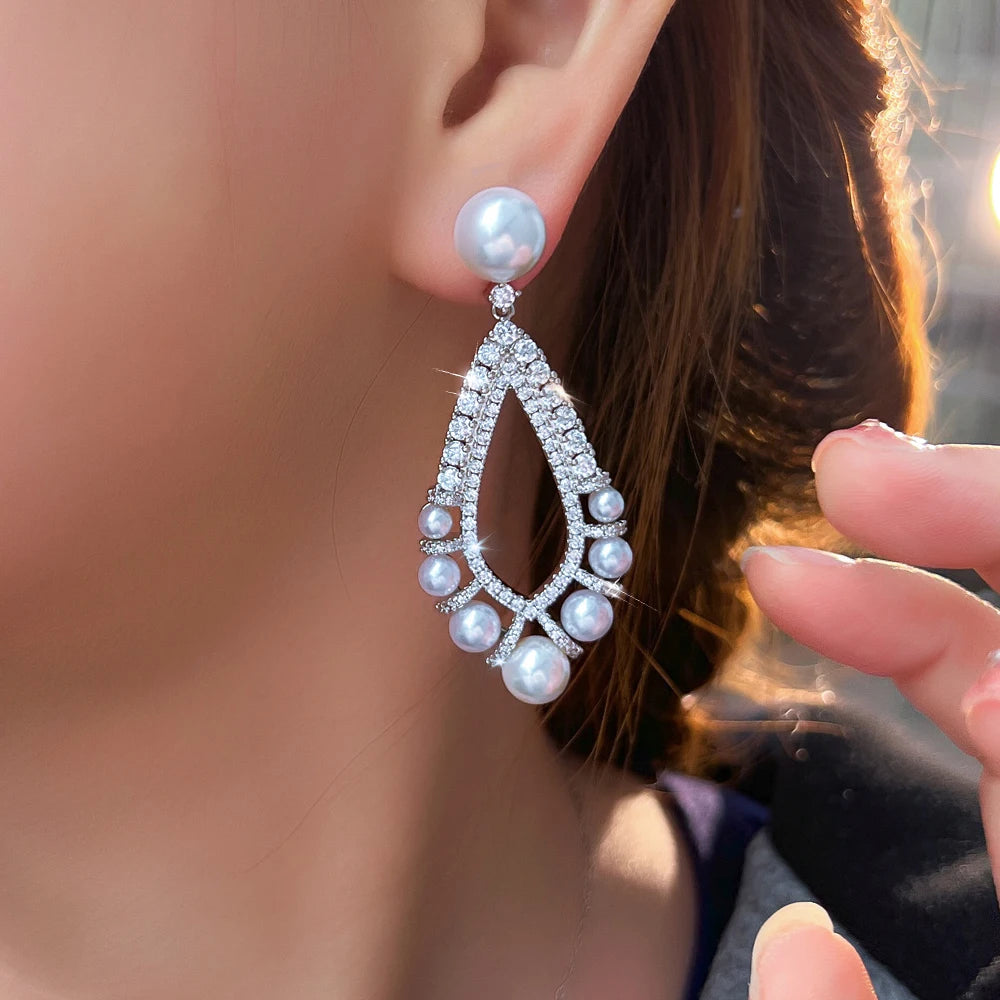 ThreeGraces Brilliant Cubic Zirconia Long Dangle Simulated Pearl Earrings for Women Luxury Bridal Wedding Party Jewelry E1376