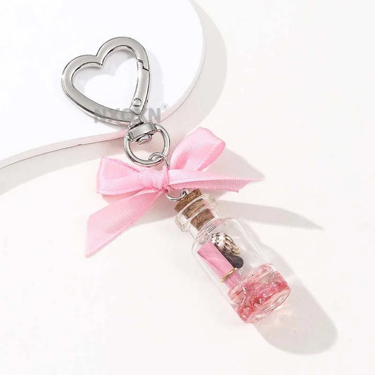 1pc Pink Drift Bottle Cute Bow Pretty Keychain Lovely Ocean Communicate Key Ring For Women Girls Handmade Good Gift Jewelry