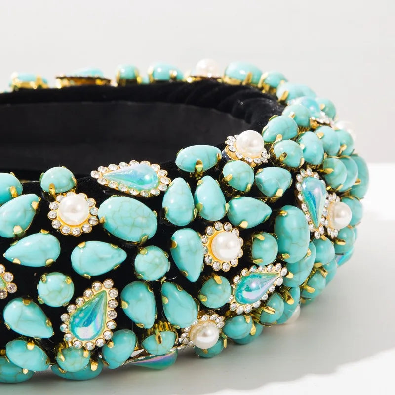Baroque Headband for Women Heavy Craft Turquoise Pearl Hair Hoop Vintage Court Luxury Hair Accessories Party Statement Hairband