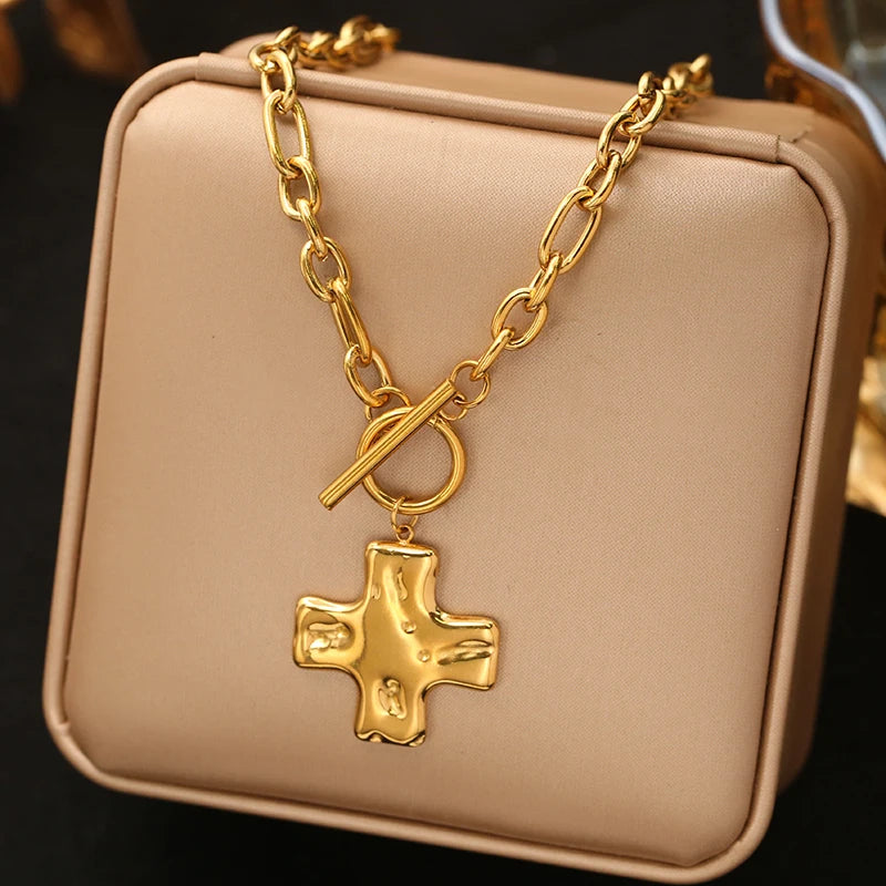 EILIECK 316L Stainless Steel Metal Cross Pendant Necklace For Women Trendy Gold Color OT Clasp Neck Chain Waterproof Jewelry
