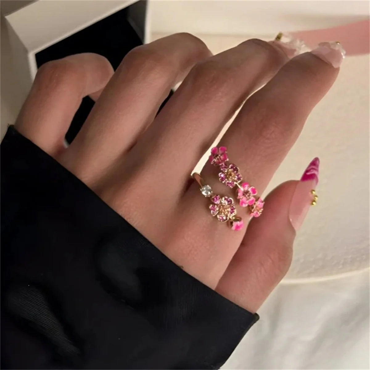 Charm Luxury Female Pink Bule Flower Zircon Stone Adjustable Open Ring RoseGold Silver Color Cute Gift Wedding Jewelry For Women