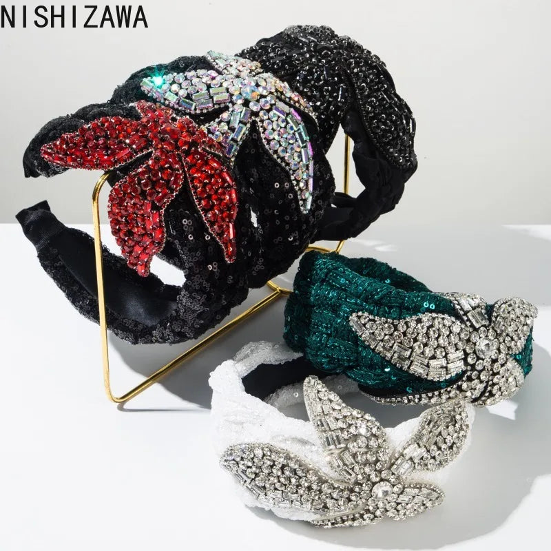 Vintage Rhinestone Sequin Velvet Wide Headband for Women Luxury Jeweled Flower Hair Hoop Elegant Bridal Hair Accessories