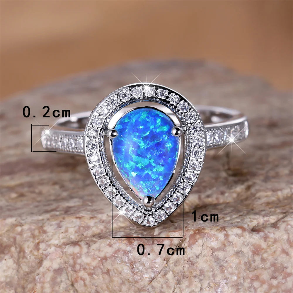 Cute Water Drop Stone Ring Blue Fire Opal Wedding Rings For Women Silver Color Engagement Jewelry Accessory Mother's Day Gifts