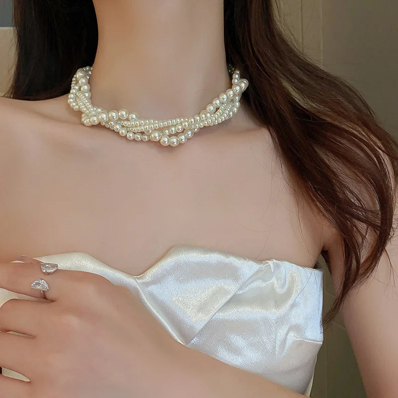 Luxury Twining Pearl Choker Necklaces for Women Geometric Necklaces Weddings Bride Jewelry Accessories