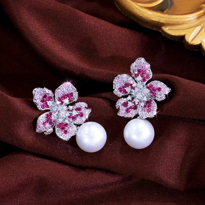 ThreeGraces Gorgeous Shiny Pink Zirconia Big Simulated Pearl Long Flower Dangle Earrings for Women Bridal Party Jewelry  E2005