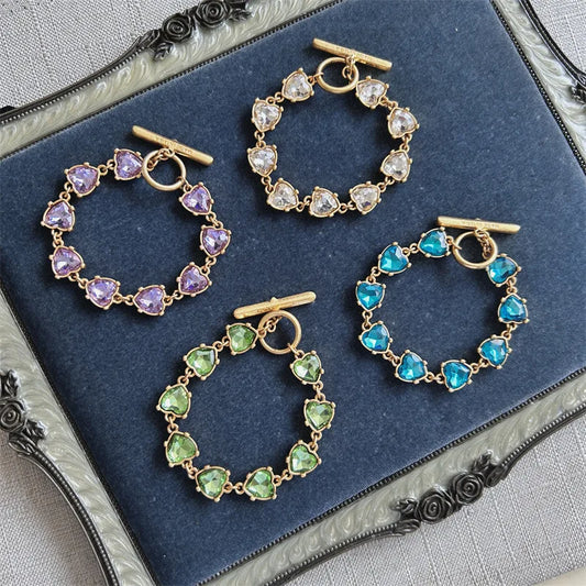 YEEVAA Vintage Gold Tone Heart Crystal Toggle Bracelet, Multicolor Cubic Zirconia Heart Link Bracelet for Women Fashion Jewelry