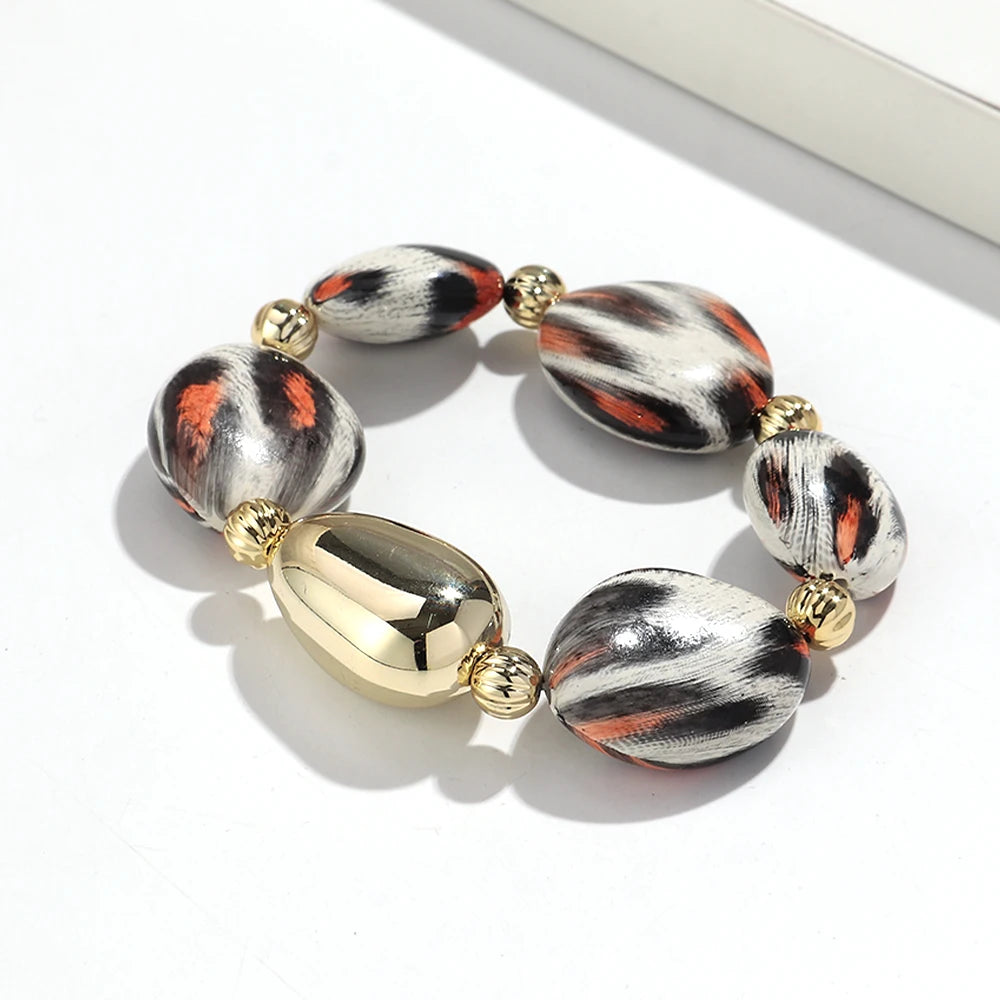 Personality Leopard Print Irregular Beaded Stretch Bangles Bracelets Retro Acrylic Geometric Beads Bracelet Women Jewelry