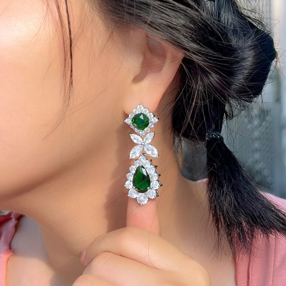 ThreeGraces Luxury Shiny Green Water Drop Zirconia Long Big Dangle Earrings for Women Bridal Wedding Party Jewelry E1748