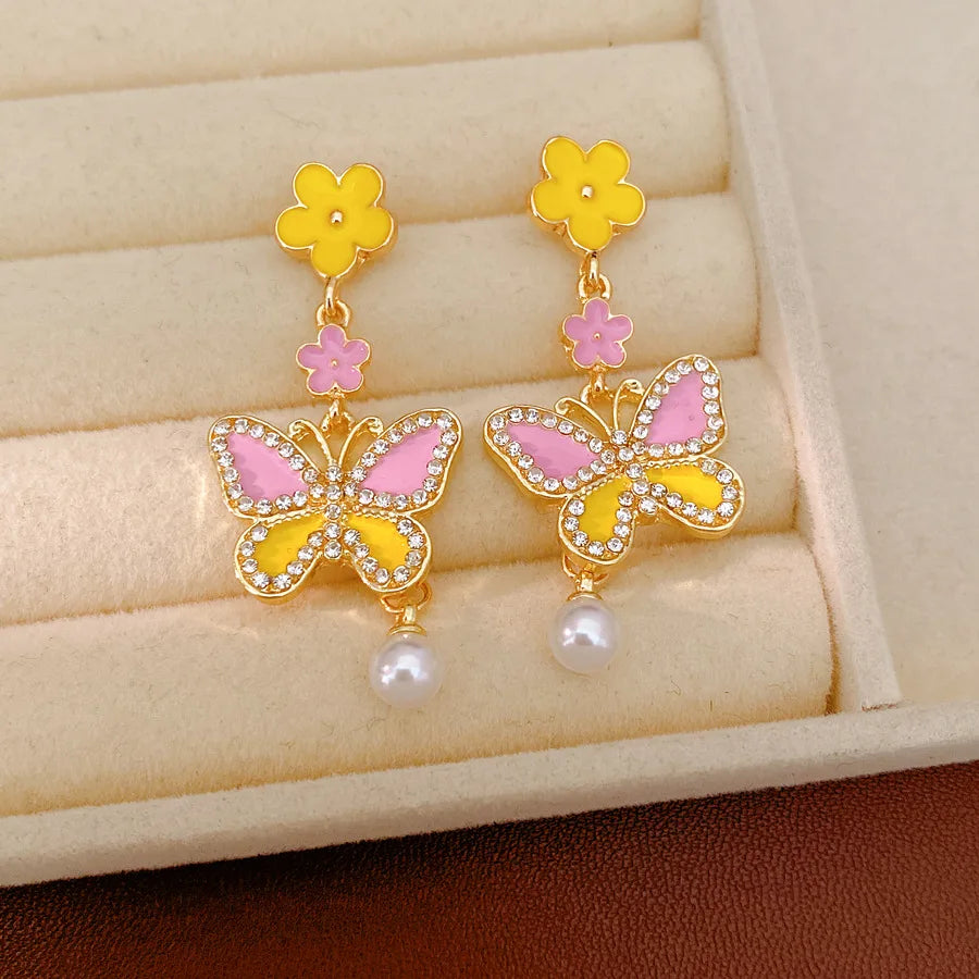 Pink Yellow Butterfly Flower Jewelry Set Sweet Enamel Necklace Drop Earrings Women's Fashion Party Banquet Accessories K