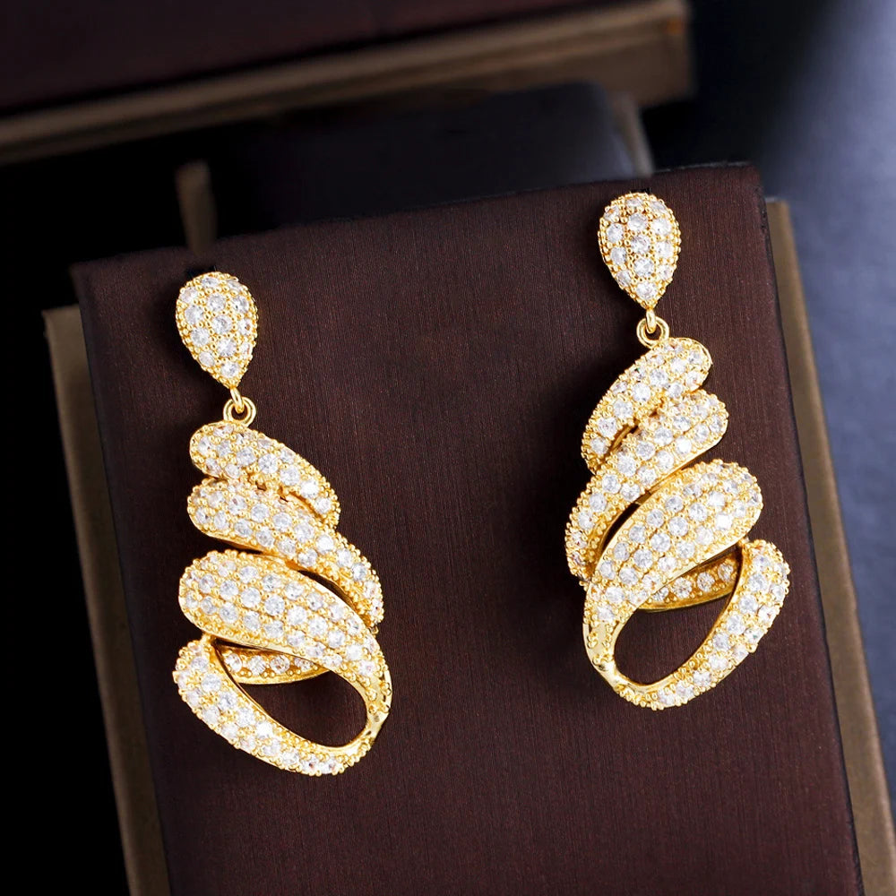ThreeGraces Luxury Fashion Shiny White Zirconia Bridal Wedding Party Long Twist Lines Drop Earrings for Women Jewelry E1053