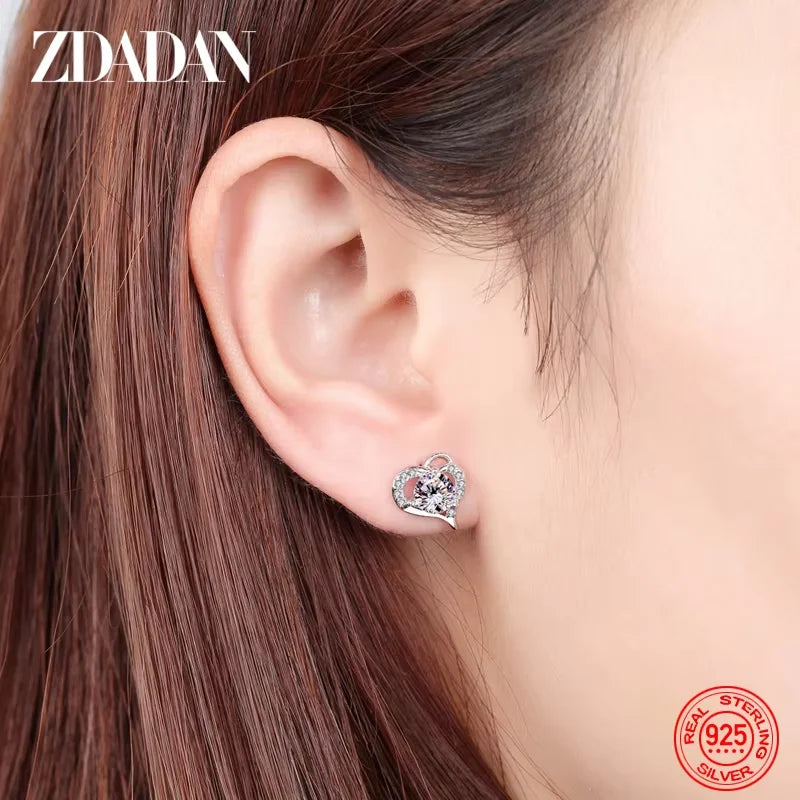 ZDADAN 925 Sterling Silver Heart Amethyst Earring For Women Fashion Jewelry Accessories
