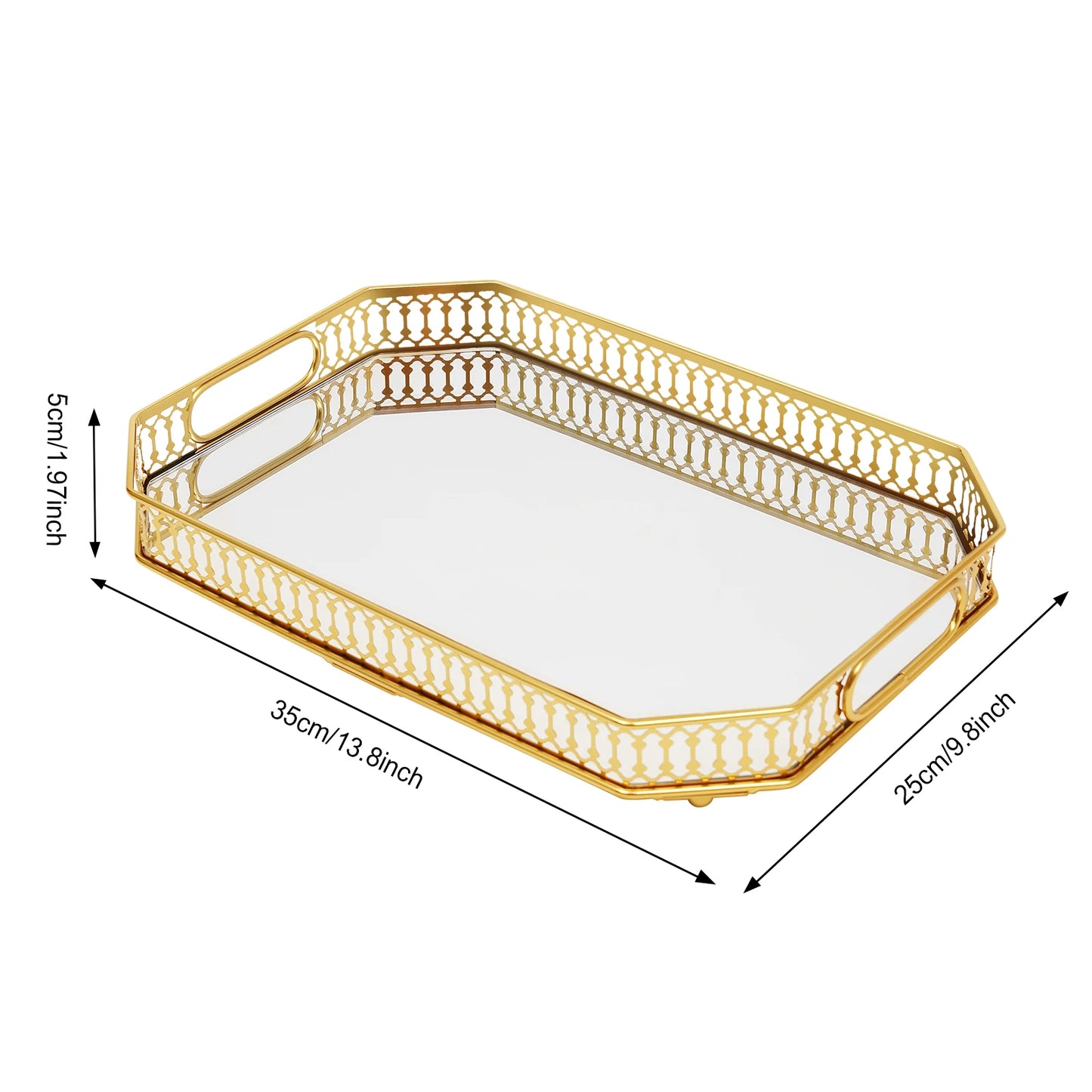 Gold Electroplated Iron Glass Serving Tray Rectangular Cut-out Handles Raised Edge Spherical Feet Decorative Vanity Tray
