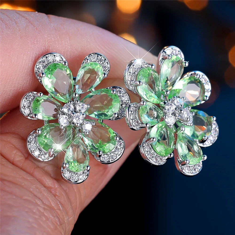 Cute Female Green Zircon Flower Stud Earrings Silver Color Wedding Jewelry For Women