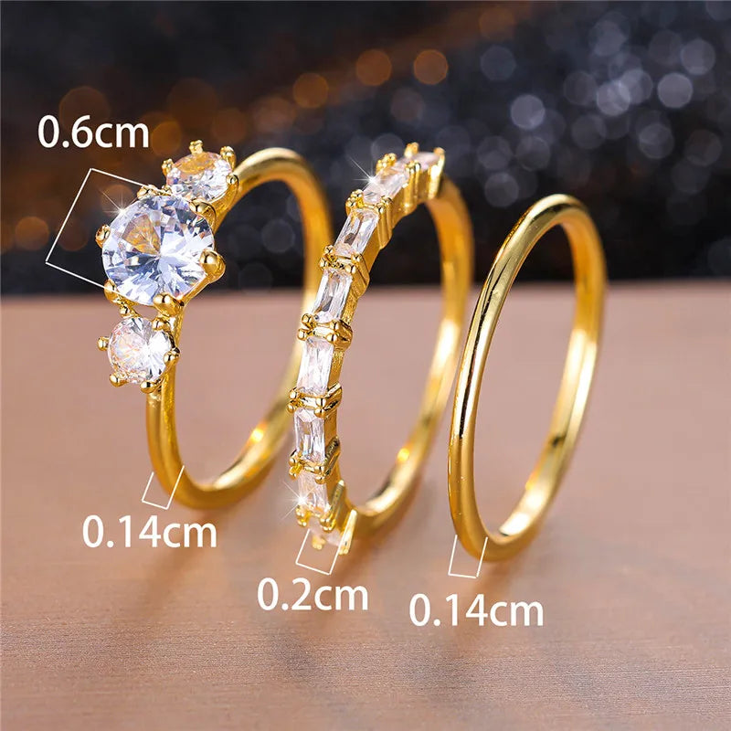 Female White Round Zircon Stone Ring Set Trendy Yellow Gold Color Engagement Cute Bride Wedding Jewelry Gift For Women