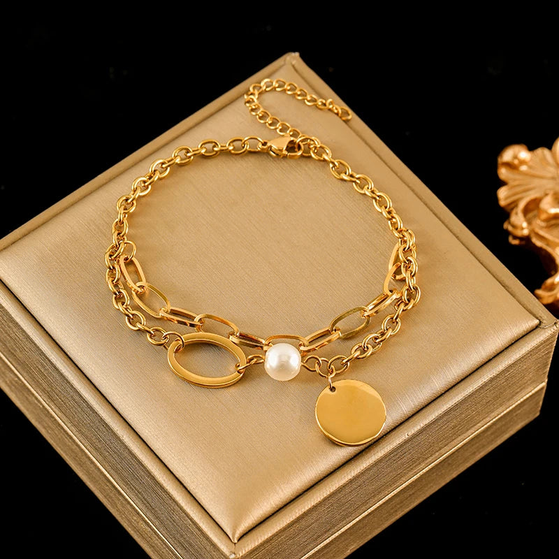 EILIECK 316L Stainless Steel Gold Color Portrait Coin Charm Bracelet Trendy Wrist Chain Jewelry For Women Girl Holiday Gifts