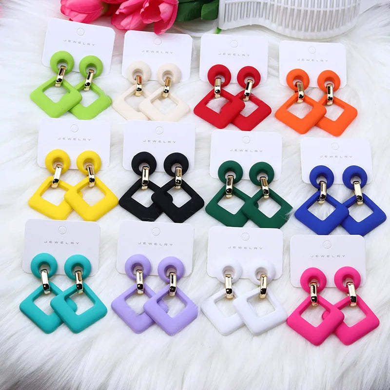Trendy Acrylic Colorful Square Round Drop Earrings Fashion Hollow Geometric Summer  Earring Party Wedding Jewelry