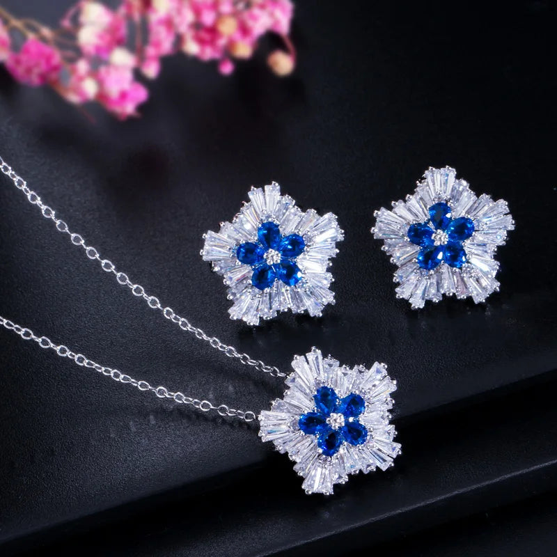 ThreeGraces Fashion Shiny Blue Green Cubic Zirconia Snow Flower Pendant Necklace and Stud Earrings Jewelry Set for Women T1226