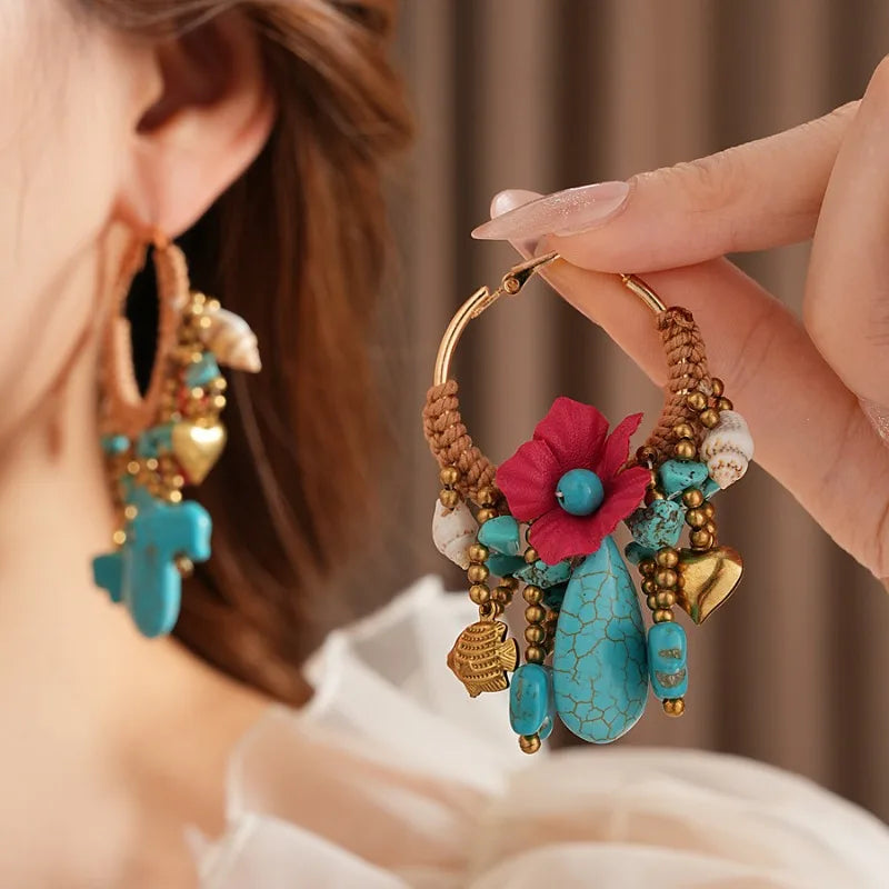 NISHIZAWA Bohemian Stones Earrings for Women Flowers Tassels Fashion Jewelry Elegant Beach Style Retro Aretes De Mujer