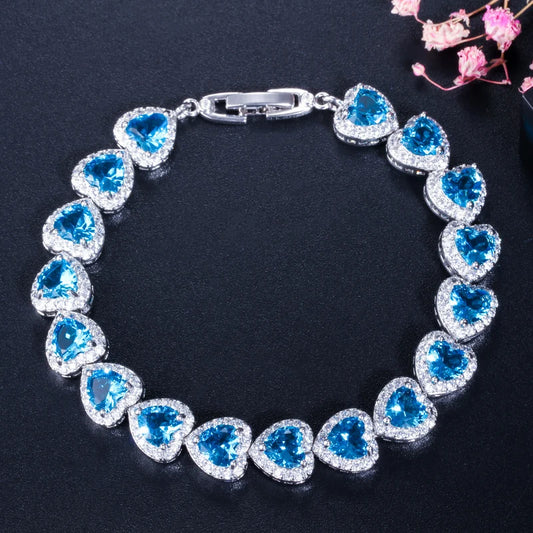 ThreeGraces High Quality Shiny Blue Cubic Zirconia Fashion Love Heart CZ Tennis Bracelet for Women Luxurious Party Jewelry BR361