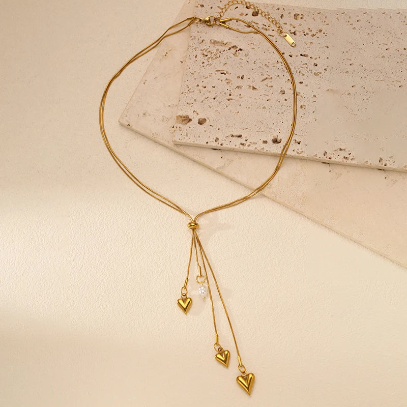 EILIECK Women's Heart Long Pendant Y-shaped Necklace 18K Gold-plated Stainless Steel Neck Chain Daily Water-resistant Jewelry