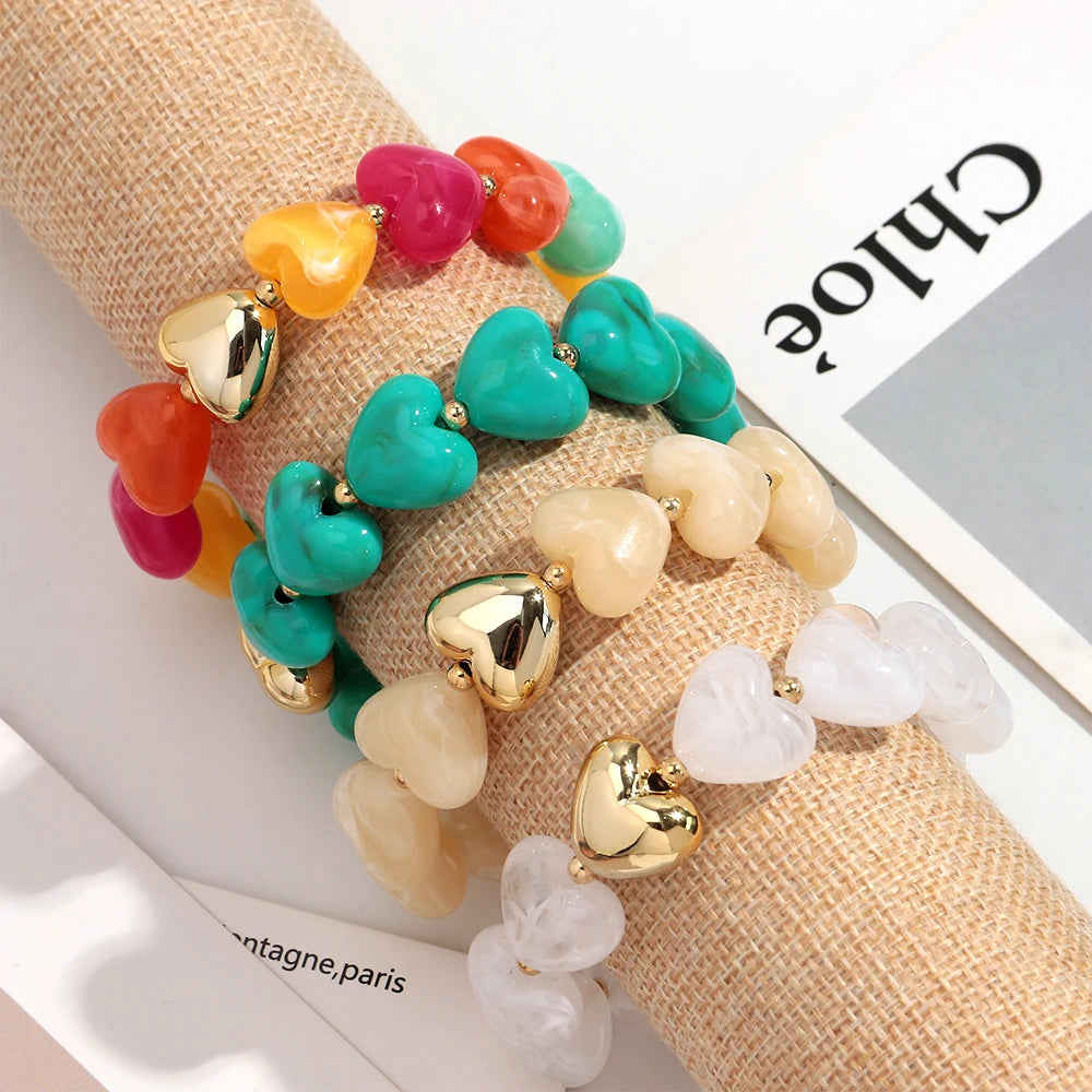 Sweet Resin Love Heart Beads Elastic Bracelets for Women Cute Geometric Heart Shape Stretch Bracelet Party Jewelry Gifts