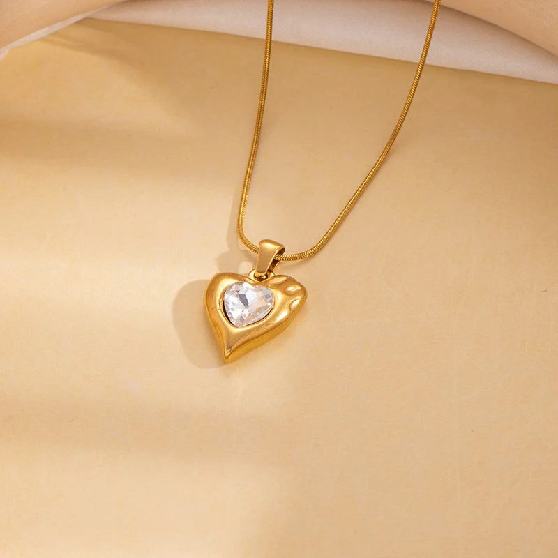 ANENJERY 316L Stainless Steel Irregular Geometry Heart Pendant Necklace For Women Simple French Temperament Fashion Jewelry Gift